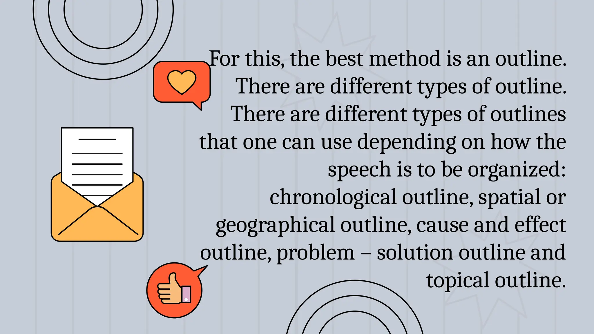 For this, the best method is an outline.
There are different types of outline.
There are different types of outlines
that one can use depending on how the
speech is to be organized:
chronological outline, spatial or
geographical outline, cause and effect
outline, problem – solution outline and
topical outline.
 