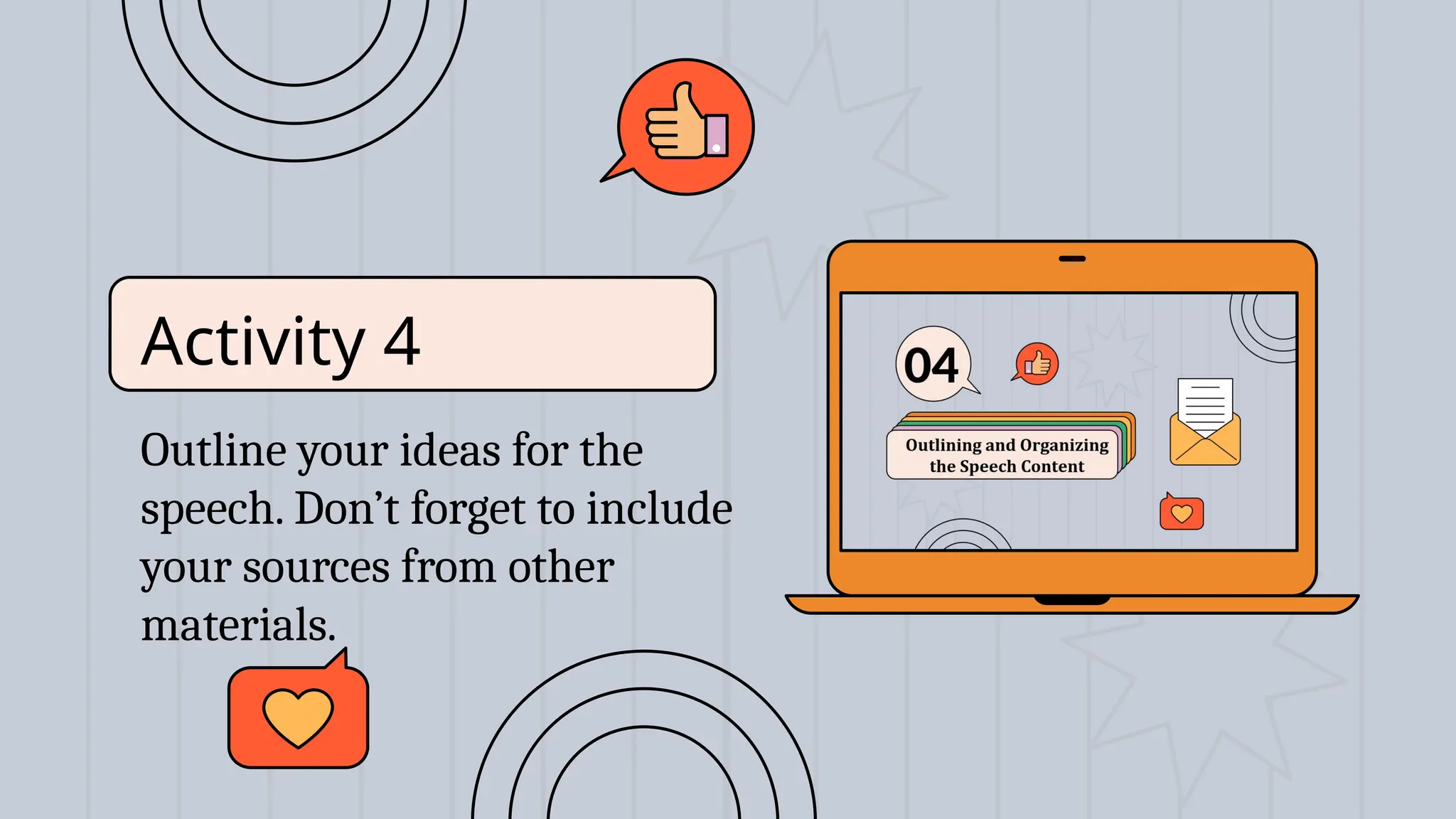 Outline your ideas for the
speech. Don’t forget to include
your sources from other
materials.
Activity 4
 