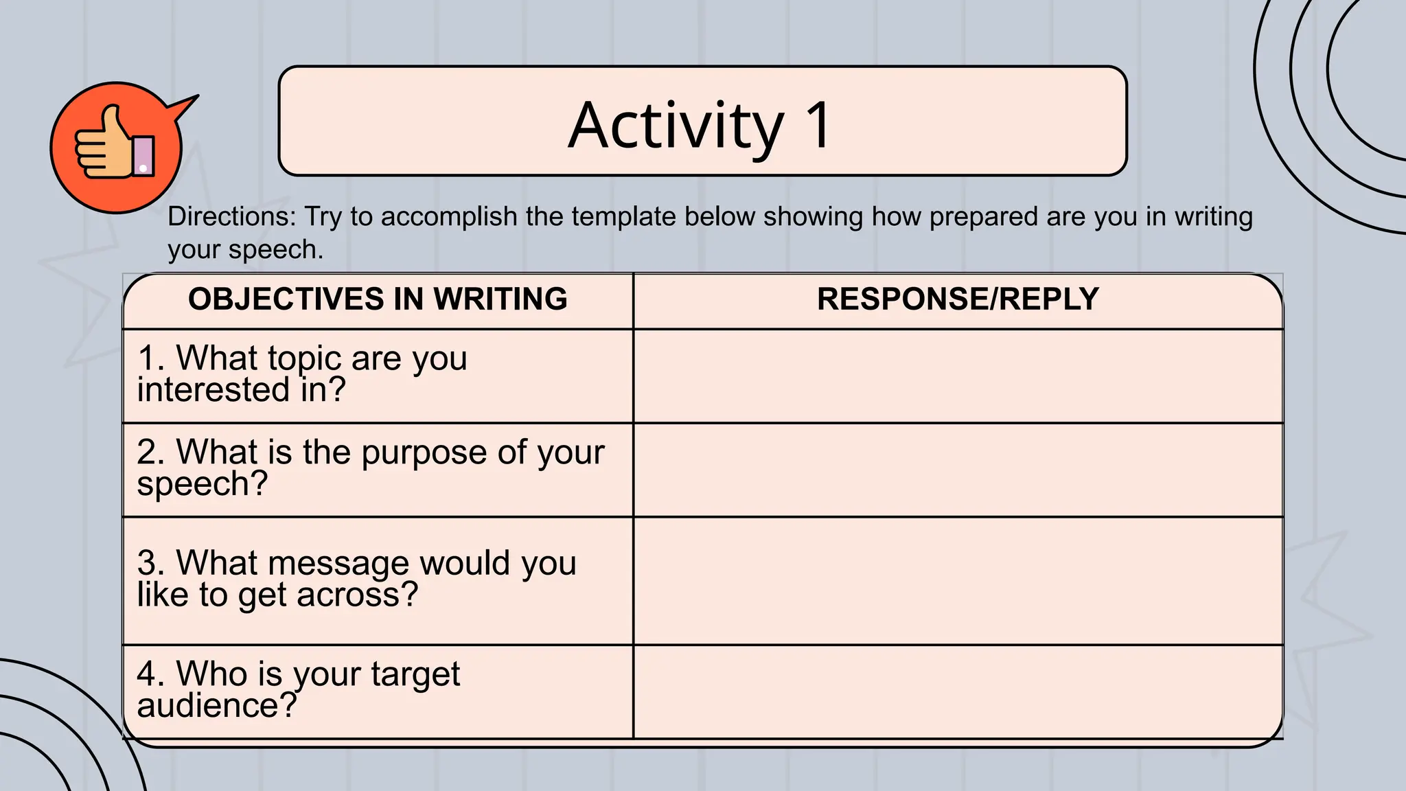 Activity 1
OBJECTIVES IN WRITING RESPONSE/REPLY
1. What topic are you
interested in?
2. What is the purpose of your
speech?
3. What message would you
like to get across?
4. Who is your target
audience?
Directions: Try to accomplish the template below showing how prepared are you in writing
your speech.
 
