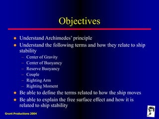 Grunt Productions 2004
Objectives
 Understand Archimedes’ principle
 Understand the following terms and how they relate to ship
stability
– Center of Gravity
– Center of Buoyancy
– Reserve Buoyancy
– Couple
– Righting Arm
– Righting Moment
 Be able to define the terms related to how the ship moves
 Be able to explain the free surface effect and how it is
related to ship stability
 