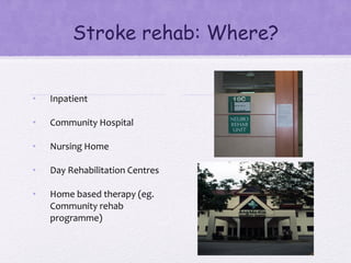 Stroke rehab: Where?
• Inpatient
• Community Hospital
• Nursing Home
• Day Rehabilitation Centres
• Home based therapy (eg.
Community rehab
programme)
 