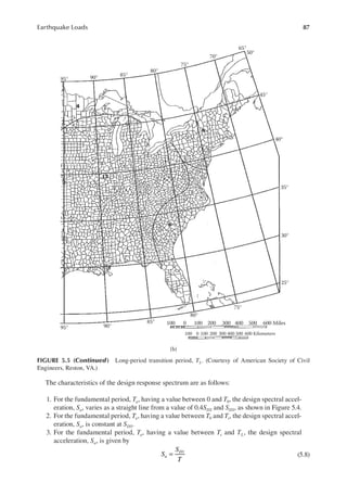 87
Earthquake Loads
The characteristics of the design response spectrum are as follows:
1. For the fundamental period, Ta, having a value between 0 and T0, the design spectral accel-
eration, Sa, varies as a straight line from a value of 0.4SDS and SDS, as shown in Figure 5.4.
2. For the fundamental period, Ta, having a value between T0 and Ts, the design spectral accel-
eration, Sa, is constant at SDS.
3. For the fundamental period, Ta, having a value between Ts and TL, the design spectral
acceleration, Sa, is given by
1
S
S
T
a
D
= (5.8)
95° 90° 85°
80°
75°
70°
65°
50°
45°
40°
35°
30°
25°
75°
80°
85° 100
100
100
100
200
200
300
300
400
400
500
500
600 Miles
600 Kilometers
0
0
90°
(b)
95°
FIGURE 5.5 (Continued) Long-period transition period, TL. (Courtesy of American Society of Civil
Engineers, Reston, VA.)
 