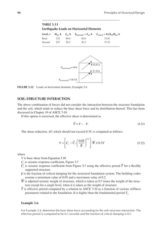 98 Principles of Structural Design
SOIL–STRUCTURE INTERACTION
The above combination of forces did not consider the interaction between the structure foundation
and the soil, which tends to reduce the base shear force and its distribution thereof. This has been
discussed in Chapter 19 of ASCE 7-10.
If this option is exercised, the effective shear is determined as
V V V
= − (5.21)
The shear reduction, ΔV, which should not exceed 0.3V, is computed as follows:
0.05
0.3
0.4
V C C W V
s s
= −
β














≤ (5.22)
where
V is base shear from Equation 5.10
Cs is seismic response coeficient, Figure 5.7
s
C is seismic response coeficient from Figure 5.7 using the effective period T for a lexibly
supported structure.
β is the fraction of critical damping for the structural foundation system. The building codes
assume a minimum value of 0.05 and a maximum value of 0.2.
W is adjusted seismic weight of structure, which is taken as 0.7 times the weight of the struc-
ture except for a single level, when it is taken as the weight of structure.
T is effective period computed by a relation in ASCE 7-10 as a function of various stiffness
parameters related to the foundation. It is higher than the fundamental period Ta.
Example 5.6
For Example 5.4, determine the base shear force accounting for the soil–structure interaction. The
effective period is computed to be 0.3 seconds and the fraction of critical damping is 0.1.
37.52k
33.81k
Ehorizontal=69 k
Ehorizontal =56.5 k
FIGURE 5.12 Loads on horizontal elements, Example 5.4.
TABLE 5.11
Earthquake Loads on Horizontal Elements
Level, x Wpx, k Fpx, k ehorizontal = Fpx, k evertical = 0.2SDSWpx, k
Roof 232 69.0 69.0 33.81
Second 257 56.5 56.5 37.52
 
