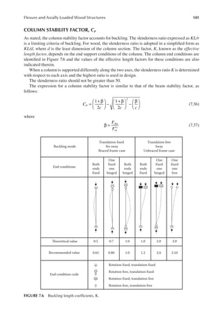 141
Flexure and Axially Loaded Wood Structures
COLUMN STABILITY FACTOR, cP
As stated, the column stability factor accounts for buckling. The slenderness ratio expressed as KL/r
is a limiting criteria of buckling. For wood, the slenderness ratio is adopted in a simpliied form as
KL/d, where d is the least dimension of the column section. The factor, K, known as the effective
length factor, depends on the end support conditions of the column. The column end conditions are
identiied in Figure 7.6 and the values of the effective length factors for these conditions are also
indicated therein.
When a column is supported differently along the two axes, the slenderness ratio K is determined
with respect to each axis and the highest ratio is used in design.
The slenderness ratio should not be greater than 50.
The expression for a column stability factor is similar to that of the beam stability factor, as
follows:
=
+ β





 −
+ β





 −
β






1
2
1
2
2
C
c c c
P (7.36)
where
β =
′∗
F
F
cEn
cn
(7.37)
Buckling mode
End conditions
Theoretical value
Recommended value
End condition code
Translation ﬁxed
No sway
Braced frame case
Translation free
Sway
Unbraced frame case
Both
ends
fixed
One
fixed
one
hinged
Both
ends
hinged
Both
ends
fixed
One
fixed
one
hinged
One
fixed
one
free
0.5 0.7 1.0 1.0 2.0
2.10
2.0
1.2
1.0
0.80
0.65
Rotation fixed, translation fixed
Rotation free, translation fixed
Rotation fixed, translation free
Rotation free, translation free
2.0
FIGURE 7.6 Buckling length coeficients, K.
 