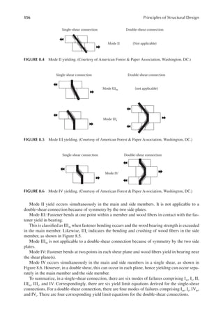 156 Principles of Structural Design
Mode II yield occurs simultaneously in the main and side members. It is not applicable to a
double-shear connection because of symmetry by the two side plates.
Mode III: Fastener bends at one point within a member and wood ibers in contact with the fas-
tener yield in bearing.
This is classiied as IIIm when fastener bending occurs and the wood bearing strength is exceeded
in the main member. Likewise, IIIs indicates the bending and crushing of wood ibers in the side
member, as shown in Figure 8.5.
Mode IIIm is not applicable to a double-shear connection because of symmetry by the two side
plates.
Mode IV: Fastener bends at two points in each shear plane and wood ibers yield in bearing near
the shear plane(s).
Mode IV occurs simultaneously in the main and side members in a single shear, as shown in
Figure 8.6. However, in a double shear, this can occur in each plane, hence yielding can occur sepa-
rately in the main member and the side member.
To summarize, in a single-shear connection, there are six modes of failures comprising Im, Is, II,
IIIm, IIIs, and IV. Correspondingly, there are six yield limit equations derived for the single-shear
connections. For a double-shear connection, there are four modes of failures comprising Im, Is, IVm,
and IVs. There are four corresponding yield limit equations for the double-shear connections.
Single-shear connection Double-shear connection
Mode II (Not applicable)
FIGURE 8.4 Mode II yielding. (Courtesy of American Forest & Paper Association, Washington, DC.)
Single-shear connection Double-shear connection
Mode IIIm
Mode IIIs
(not applicable)
FIGURE 8.5 Mode III yielding. (Courtesy of American Forest & Paper Association, Washington, DC.)
Single-shear connection Double-shear connection
Mode IV
FIGURE 8.6 Mode IV yielding. (Courtesy of American Forest & Paper Association, Washington, DC.)
 