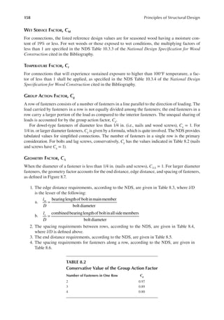 158 Principles of Structural Design
WET SERVICE FACTOR, CM
For connections, the listed reference design values are for seasoned wood having a moisture con-
tent of 19% or less. For wet woods or those exposed to wet conditions, the multiplying factors of
less than 1 are speciied in the NDS Table 10.3.3 of the National Design Speciication for Wood
Construction cited in the Bibliography.
TEMPERATURE FACTOR, Ct
For connections that will experience sustained exposure to higher than 100°F temperature, a fac-
tor of less than 1 shall be applied, as speciied in the NDS Table 10.3.4 of the National Design
Speciication for Wood Construction cited in the Bibliography.
GROUP ACTION FACTOR, Cg
A row of fasteners consists of a number of fasteners in a line parallel to the direction of loading. The
load carried by fasteners in a row is not equally divided among the fasteners; the end fasteners in a
row carry a larger portion of the load as compared to the interior fasteners. The unequal sharing of
loads is accounted for by the group action factor, Cg.
For dowel-type fasteners of diameter less than 1/4 in. (i.e., nails and wood screws), Cg = 1. For
1/4 in. or larger diameter fasteners, Cg is given by a formula, which is quite involved. The NDS provides
tabulated values for simpliied connections. The number of fasteners in a single row is the primary
consideration. For bolts and lag screws, conservatively, Cg has the values indicated in Table 8.2 (nails
and screws have Cg = 1).
GEOMETRY FACTOR, C∆
When the diameter of a fastener is less than 1/4 in. (nails and screws), C∆∆ = 1. For larger diameter
fasteners, the geometry factor accounts for the end distance, edge distance, and spacing of fasteners,
as deined in Figure 8.7.
1. The edge distance requirements, according to the NDS, are given in Table 8.3, where l/D
is the lesser of the following:
a.
bearinglengthof boltinmainmember
boltdiameter
l
D
m
=
b.
combined bearinglengthof boltinallsidemembers
boltdiameter
l
D
s
=
2. The spacing requirements between rows, according to the NDS, are given in Table 8.4,
where l/D is deined above.
3. The end distance requirements, according to the NDS, are given in Table 8.5.
4. The spacing requirements for fasteners along a row, according to the NDS, are given in
Table 8.6.
TABLE 8.2
Conservative Value of the Group Action Factor
Number of Fasteners in One Row cg
2 0.97
3 0.89
4 0.80
 