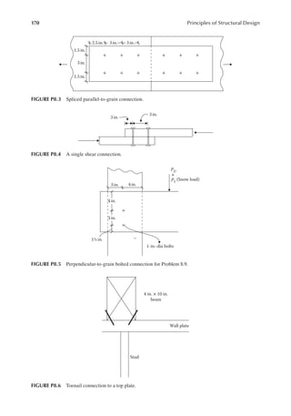 170 Principles of Structural Design
3 in.
3 in.
FIGURE P8.4 A single shear connection.
3 in.
4 in.
4 in.
(Snow load)
3 in.
1½ in.
1-in.-dia bolts
PD
PS
+
+
+
–
FIGURE P8.5 Perpendicular-to-grain bolted connection for Problem 8.9.
Stud
Wall plate
4 in. × 10 in.
beam
FIGURE P8.6 Toenail connection to a top plate.
3 in. 3 in.
2.5in.
+
+
+
+
+
+
+
+
+
+
+
+
1.5 in.
1.5 in.
3 in.
FIGURE P8.3 Spliced parallel-to-grain connection.
 