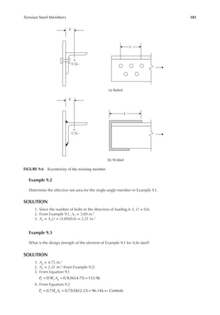 181
Tension Steel Members
Example 9.2
Determine the effective net area for the single-angle member in Example 9.1.
SOLUTION
1. Since the number of bolts in the direction of loading is 3, U = 0.6.
2. From Example 9.1, An = 3.69 in.2
3. Ae = AnU = (3.69)(0.6) = 2.21 in.2
Example 9.3
What is the design strength of the element of Example 9.1 for A36 steel?
SOLUTION
1. Ag = 4.75 in.2
2. Ae = 2.21 in.2 (from Example 9.2)
3. From Equation 9.1
P F A
u y g
0.9 0.9(36)(4.75) 153.9k
= = =
4. From Equation 9.2
P F A
u u e
0.75 0.75(58)(2.21) 96.14k Controls
= = = ←
C G–
(a) Bolted
(b) Welded
+
x
C G–
+
x
L
Lʹ
FIGURE 9.6 Eccentricity of the resisting member.
 