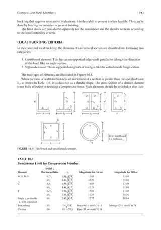 193
Compression Steel Members
buckling that requires substantive evaluations. It is desirable to prevent it when feasible. This can be
done by bracing the member to prevent twisting.
The limit states are considered separately for the nonslender and the slender sections according
to the local instability criteria.
LOCAL BUCKLING CRITERIA
In the context of local buckling, the elements of a structural section are classiied into following two
categories:
1. Unstiffened element: This has an unsupported edge (end) parallel to (along) the direction
of the load, like an angle section.
2. Stiffened element: This is supported along both of its edges, like the web of a wide lange section.
The two types of elements are illustrated in Figure 10.4.
When the ratio of width to thickness of an element of a section is greater than the speciied limit
λr, as shown in Table 10.1, it is classiied as a slender shape. The cross section of a slender element
is not fully effective in resisting a compressive force. Such elements should be avoided or else their
U
t U U
U
U
U U
U U
S
S
S
S
S S
S
d d
h
h D
U= Unstiffened
S = Stiffened
h
tf
t
tw
tw
tw
tw
tf
tf
tf
bf bf
b
b
b
U
U
FIGURE 10.4 Stiffened and unstiffened elements.
TABLE 10.1
Slenderness Limit for Compression Member
Element
Width :
Thickness Ratio λr Magnitude for 36 ksi Magnitude for 50 ksi
W, S, M, H bf/2tf 0.56 E Fy 15.89 13.49
h/tw 1.49 E Fy 42.29 35.88
C bf/tf 0.56 E Fy 15.89 13.49
h/tw 1.49 E Fy 42.29 35.88
T bf/2tf 0.56 E Fy 15.89 13.49
d/tw 0.75 E Fy 21.29 18.16
Single ∟ or double
∟ with separation
b/t 0.45 E Fy 12.77 10.84
Box, tubing b/t 1.4 E Fy Box (46 ksi steel) 35.15 Tubing (42 ksi steel) 36.79
Circular D/t 0.11(E/Fy) Pipe (35 ksi steel) 91.14
 