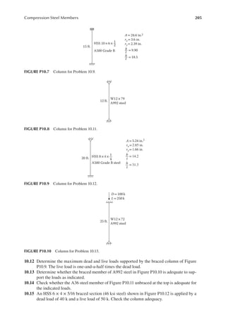 205
Compression Steel Members
10.12 Determine the maximum dead and live loads supported by the braced column of Figure
P10.9. The live load is one-and-a-half times the dead load.
10.13 Determine whether the braced member of A992 steel in Figure P10.10 is adequate to sup-
port the loads as indicated.
10.14 Check whether the A36 steel member of Figure P10.11 unbraced at the top is adequate for
the indicated loads.
10.15 An HSS 6 × 4 × 5/16 braced section (46 ksi steel) shown in Figure P10.12 is applied by a
dead load of 40 k and a live load of 50 k. Check the column adequacy.
HSS 10 ×6 ×
A =24.6 in.2
rx = 3.6 in.
ry = 2.39 in.
15 ft.
A500 Grade B = 9.90
b
t
= 18.5
h
t
1
2
FIGURE P10.7 Column for Problem 10.9.
W12×79
A992 steel
12 ft.
FIGURE P10.8 Column for Problem 10.11.
20 ft. HSS 8×4×
A500 Grade B steel
1
4
A = 5.24 in.2
rx= 2.85 in.
ry= 1.66 in.
b
t
=14.2
h
t
=31.3
FIGURE P10.9 Column for Problem 10.12.
25 ft.
W12 ×72
A992 steel
D = 100 k
L = 250k
FIGURE P10.10 Column for Problem 10.13.
 