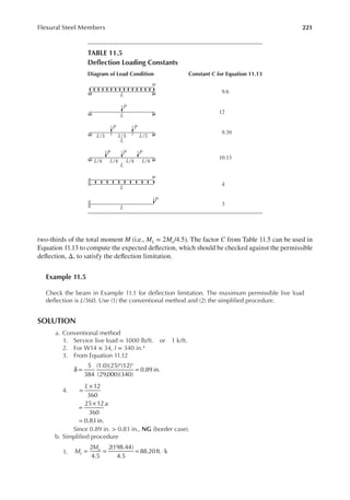 221
Flexural Steel Members
two-thirds of the total moment M (i.e., ML = 2Mu/4.5). The factor C from Table 11.5 can be used in
Equation 11.13 to compute the expected delection, which should be checked against the permissible
delection, Δ, to satisfy the delection limitation.
Example 11.5
Check the beam in Example 11.1 for delection limitation. The maximum permissible live load
delection is L/360. Use (1) the conventional method and (2) the simpliied procedure.
SOLUTION
a. Conventional method
1. Service live load = 1000 lb/ft. or 1 k/ft.
2. For W14 × 34, I = 340 in.4
3. From Equation 11.12
δ = =
5
384
(1.0)(25) (12)
(29,000)(340)
0.89 in.
4 3
4. =
×
=
×
=
12
360
25 12
360
0.83in.
L
a
Since 0.89 in. > 0.83 in., NG (border case).
b. Simpliied procedure
1. = = = ⋅
2
4.5
2(198.44)
4.5
88.20ft. k
M
M
L
u
TABLE 11.5
Delection Loading Constants
Diagram of Load Condition Constant c for Equation 11.13
w
L
9.6
P
L
12
P
L
L/3 L/3
P
L/3
9.39
P
L
L/4
P
L/4 L/4
P
L/4
10.13
w
L
4
P
L
3
 