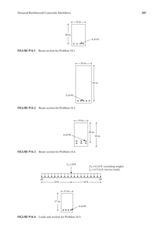 307
Flexural Reinforced Concrete Members
36 in.
16 in.
5 of #9
FIGURE P14.2 Beam section for Problem 14.3.
20 in.
24 in.
14 in.
6 of #8
FIGURE P14.3 Beam section for Problem 14.4.
17 in.
12 in.
10 ft. 10 ft.
DL= 0.5 k/ft. (excluding weight)
LL= 0.75 k/ft. (service loads)
LL= 10 k
4 of #8
FIGURE P14.4 Loads and section for Problem 14.5.
20 in.
14 in.
4 of #9
FIGURE P14.1 Beam section for Problem 14.1.
 