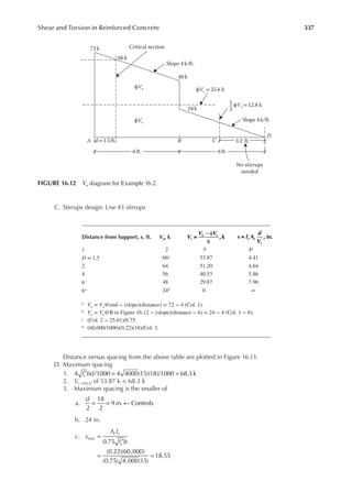 337
Shear and Torsion in Reinforced Concrete
C. Stirrups design: Use #3 stirrups
Distance versus spacing from the above table are plotted in Figure 16.13.
D. Maximum spacing
1. f bd
c
4 /1000 4 4000(15)(18)/1000 68.3k
′ = =
2. Vs critical of 53.87 k < 68.3 k
3. Maximum spacing is the smaller of
a. = = ←
d
2
18
2
9 in. Controls
b. 24 in.
c. s
A f
f b
max
v y
c
=
′
= =
0.75
(0.22)(60,000)
(0.75) 4,000(15)
18.55
Distance from Support, x, ft. Vu, k s
u c
V
V V
, k
−
− φ
φ
= s f A
d
V
y v
s
, in.
=
1 2 3c 4d
D = 1.5 66a 53.87 4.41
2 64 51.20 4.64
4 56 40.53 5.86
6− 48 29.87 7.96
6+ 24b 0 ∞
a Vu = Vu@end − (slope)(distance) = 72 − 4 (Col. 1).
b Vu = Vu@B in Figure 16.12 − (slope)(distance − 6) = 24 − 4 (Col. 1 − 6).
c (Col. 2 − 25.61)/0.75.
d (60,000/1000)(0.22)(18)/Col. 3.
72 k
66 k
Critical section
Slope 4 k/ft.
Slope 4 k/ft.
No stirrups
needed
d= 1.5ft.
D
C
B
A
ϕVc =25.6 k
48 k
24 k
ϕVc = 12.8 k
1
2
ϕVc
ϕVs
6 ft. 6ft.
3.2 ft.
FIGURE 16.12 Vu diagram for Example 16.2.
 
