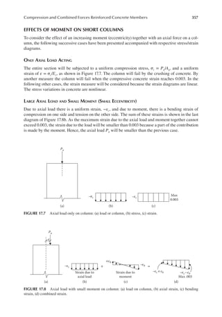 357
Compression and Combined Forces Reinforced Concrete Members
EFFECTS OF MOMENT ON SHORT COLUMNS
To consider the effect of an increasing moment (eccentricity) together with an axial force on a col-
umn, the following successive cases have been presented accompanied with respective stress/strain
diagrams.
ONLY AXIAL LOAD ACTING
The entire section will be subjected to a uniform compression stress, σc = Pu/Ag, and a uniform
strain of ε = σc/Ec, as shown in Figure 17.7. The column will fail by the crushing of concrete. By
another measure the column will fail when the compressive concrete strain reaches 0.003. In the
following other cases, the strain measure will be considered because the strain diagrams are linear.
The stress variations in concrete are nonlinear.
LARGE AXIAL LOAD AND SMALL MOMENT (SMALL ECCENTRICITY)
Due to axial load there is a uniform strain, −εc, and due to moment, there is a bending strain of
compression on one side and tension on the other side. The sum of these strains is shown in the last
diagram of Figure 17.8b. As the maximum strain due to the axial load and moment together cannot
exceed 0.003, the strain due to the load will be smaller than 0.003 because a part of the contribution
is made by the moment. Hence, the axial load Pu will be smaller than the previous case.
Pu
(a) (b) (c)
Max
0.003
–σc –εc
FIGURE 17.7 Axial load only on column: (a) load or column, (b) stress, (c) strain.
Pu
e
–εc + =
+εb
–εb
–εc+εb –εc–εb
Max .003
(a)
Strain due to
axial load
Strain due to
moment
(b) (c) (d)
FIGURE 17.8 Axial load with small moment on column: (a) load on column, (b) axial strain, (c) bending
strain, (d) combined strain.
 