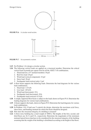 21
Design Criteria
1.15 For Problem 1.14, design a circular section.
1.16 The following vertical loads are applied on a structural member. Determine the critical
vertical load in pounds per square foot for all the ASCE 7-10 combinations.
1. Dead load (on a 15° inclined member): 10 psf
2. Roof live load: 20 psf
3. Wind load (vertical component): 15 psf
4. Snow load: 30 psf
5. Earthquake load (vertical only): 2 psf
1.17 A loor beam supports the following loads. Determine the load diagrams for the various
load combinations.
1. Dead load: 1.15 k/ft.
2. Live load: 1.85 k/ft.
3. Wind load (horizontal): 15 k
4. Earthquake load (horizontal): 20 k
5. Earthquake load (vertical): 0.3 k/ft.
1.18 A simply supported loor beam is subject to the loads shown in Figure P1.8. Determine the
loading diagrams for various load combinations.
1.19 A beam supports the loads, shown in Figure P1.9. Determine the load diagrams for various
load combinations.
1.20 In Problem 1.18, if load case 5 controls the design, determine the maximum axial force,
shear force, and bending moment for which the beam should be designed.
1.21 How does the structural integrity of a building is ensured?
1.22 A three-story building has a total weight of 1000 k. The heights of the irst, second, and
third loors are 10, 9, and 8 ft., respectively. Determine the magnitudes of the minimum
notional lateral forces that have to be considered for the structural integrity of the building
assuming that the weight of the building is distributed according to the height of the loors.
10 in.
FIGURE P1.6 A circular wood section.
200 mm
100 mm
20 mm
20 mm
FIGURE P1.7 An asymmetric section.
 