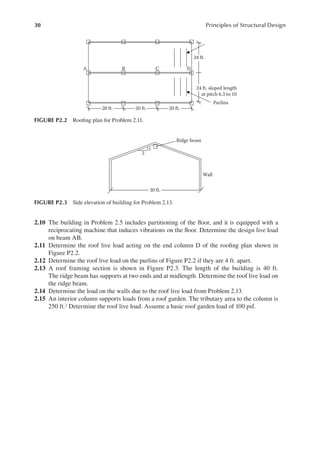 30 Principles of Structural Design
2.10 The building in Problem 2.5 includes partitioning of the loor, and it is equipped with a
reciprocating machine that induces vibrations on the loor. Determine the design live load
on beam AB.
2.11 Determine the roof live load acting on the end column D of the rooing plan shown in
Figure P2.2.
2.12 Determine the roof live load on the purlins of Figure P2.2 if they are 4 ft. apart.
2.13 A roof framing section is shown in Figure P2.3. The length of the building is 40 ft.
The ridge beam has supports at two ends and at midlength. Determine the roof live load on
the ridge beam.
2.14 Determine the load on the walls due to the roof live load from Problem 2.13.
2.15 An interior column supports loads from a roof garden. The tributary area to the column is
250 ft.2 Determine the roof live load. Assume a basic roof garden load of 100 psf.
A B
20 ft. 20 ft.
20 ft.
24 ft. sloped length
at pitch 6.3 to 10
24 ft.
Purlins
C D
FIGURE P2.2 Rooing plan for Problem 2.11.
30 ft.
Wall
Ridge beam
1
2
FIGURE P2.3 Side elevation of building for Problem 2.13.
 
