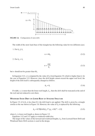 41
Snow Loads
The width of the snow load (base of the triangle) has the following value for two different cases:
1. For hd ≤ hc
4
w hd
= (3.12)
2. For hd > hc
4 2
w
h
h
d
c
= (3.13)
but w should not be greater than 8hc.
In Equation 3.13, w is computed by the value of hd from Equation 3.9, which is higher than hc for
the case of Equation 3.13. However, since the drift height cannot exceed the upper roof level, the
height of the drift itself is subsequently changed as follows:
h h
d c
= (3.14)
If width, w, is more than the lower roof length, LL, then the drift shall be truncated at the end of
the roof and not reduced to zero there.
WINDWARD SNOW DRIFT ON LOWER ROOF OF ATTACHED STRUCTURE
In Figure 3.5, if hc/hb is less than 0.2, the drift load is not applied. The drift is given by a triangle
similar to the one shown in Figure 3.6. However, the value of hd is replaced by the following:
0.75[0.43( ) ( 10) 1.5]
1 3 1 4
h L p
d L g
= + − (3.15)
where LL is lower roof length as shown in Figure 3.5.
Equations 3.12 and 3.13 apply to windward width also.
The larger of the values of the leeward and windward heights, hd, from Leeward Snow Drift and
Windward Snow Drift sections is used in the design.
hc
pd = γhd
Lu
hb
hd
w
FIGURE 3.6 Coniguration of snow drift.
 