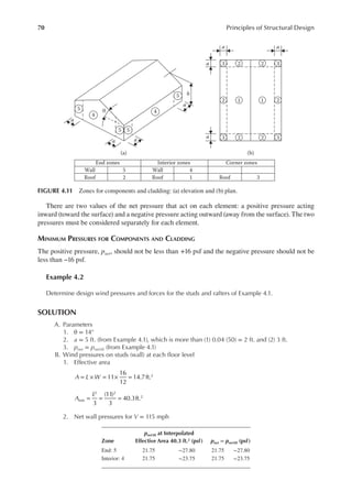 70 Principles of Structural Design
There are two values of the net pressure that act on each element: a positive pressure acting
inward (toward the surface) and a negative pressure acting outward (away from the surface). The two
pressures must be considered separately for each element.
MINIMUM PRESSURES FOR COMPONENTS AND CLADDING
The positive pressure, pnet, should not be less than +16 psf and the negative pressure should not be
less than −16 psf.
Example 4.2
Determine design wind pressures and forces for the studs and rafters of Example 4.1.
SOLUTION
A. Parameters
1. θ = 14°
2. a = 5 ft. (from Example 4.1), which is more than (1) 0.04 (50) = 2 ft. and (2) 3 ft.
3. pnet = pnet30 (from Example 4.1)
B. Wind pressures on studs (wall) at each loor level
1. Effective area
A L W
= × = × =
11
16
12
14.7ft.2
A
L
min
3
(11)
3
40.3ft.
2 2
2
= = =
2. Net wall pressures for V = 115 mph
Zone
pnet30 at Interpolated
Effective Area 40.3 ft.2 (psf) pnet = pnet30 (psf)
End: 5 21.75 −27.80 21.75 −27.80
Interior: 4 21.75 −23.75 21.75 −23.75
5
4
4
5
5
5
3 2 2 3
2 1 1 2
3 2 2 3
a
a
a
a
θ
a
(a) (b)
Interior zones
Wall
Roof
Wall
Roof
5
2
4
1 3
Roof
Corner zones
End zones
a
h
a
a
FIGURE 4.11 Zones for components and cladding: (a) elevation and (b) plan.
 