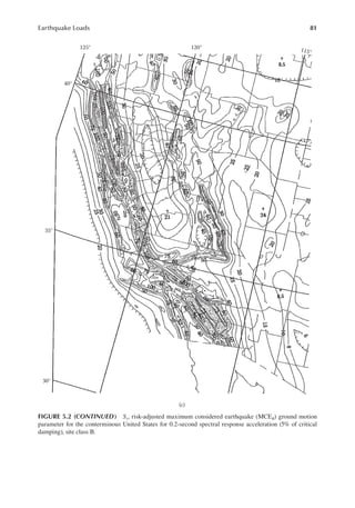 81
Earthquake Loads
125°
40°
35°
30°
(c)
120° 115°
FIGURE 5.2 (continUeD) Ss, risk-adjusted maximum considered earthquake (MCER) ground motion
parameter for the conterminous United States for 0.2-second spectral response acceleration (5% of critical
damping), site class B.
 