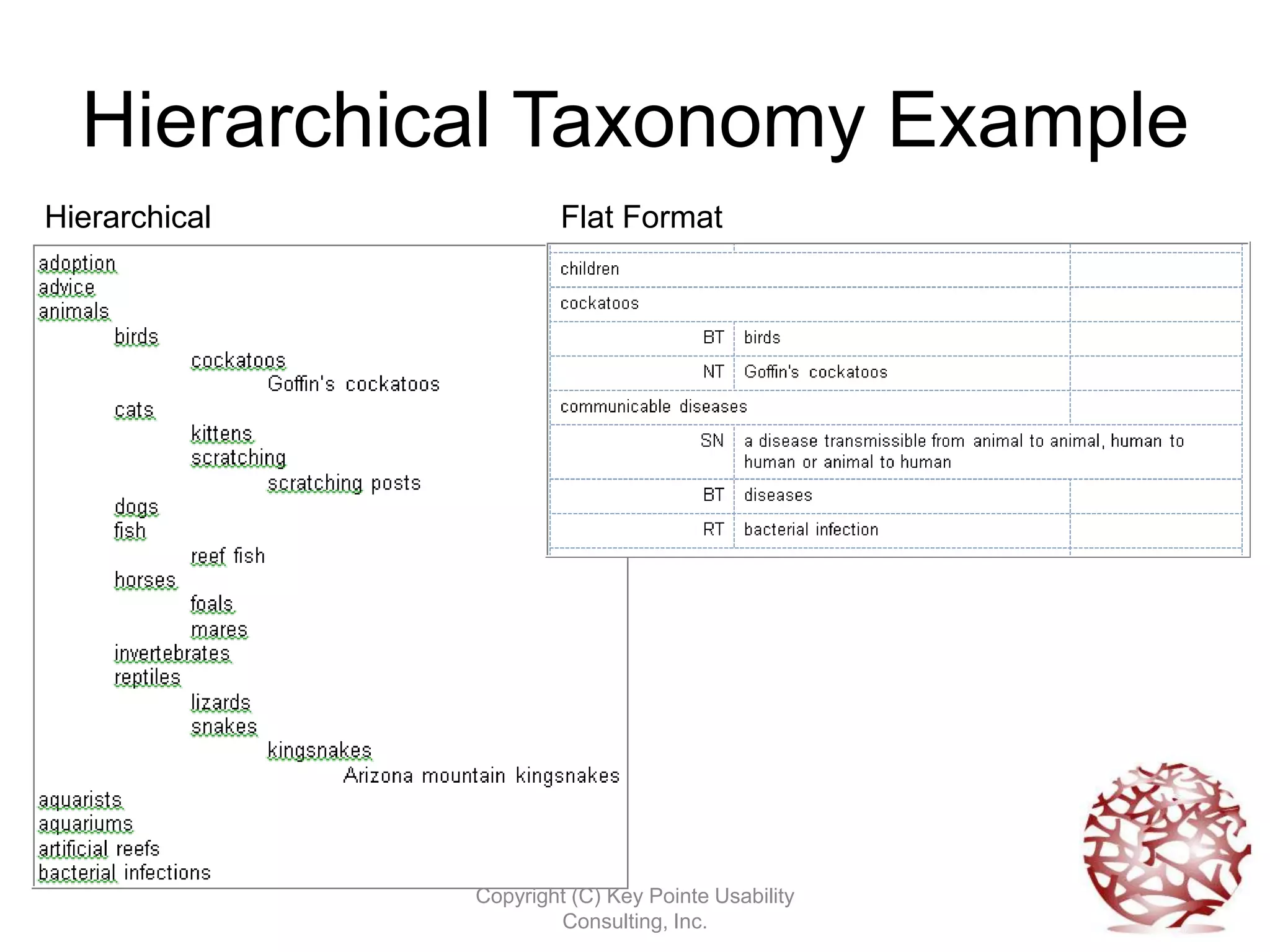 Hierarchical Taxonomy Example
Hierarchical            Flat Format
                        (Thesaurus)




               Copyright (C) Key Pointe Usability
                       Consulting, Inc.
 