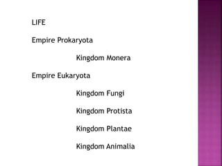 LIFE
Empire Prokaryota
Kingdom Monera
Empire Eukaryota
Kingdom Fungi
Kingdom Protista
Kingdom Plantae
Kingdom Animalia
 