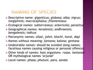  Descriptive name: giganticus; globosa; alba; nigrus;
longipinnis; macrocephalus; filamentosus
 Ecological names: subterraneus; arboricola; parasitus
 Geographical names: keralensis; andhraensis;
bengalensis; indicus
 Patronymic names: silasi, johni, blochi, horai, dayi
 Names without meaning: fantana; kalona; gentana
 Undesirable names: should be avoided (long names;
facetious names causing religious or personal offence).
 Other kinds of names: host organisms- rosae, lantanae
OR mythological names ‘arjunai’
 Local names: phasa; phutuni, para, savala
 