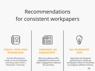 CREATE YOUR OWN
WORKBOOKS
Use the off season to
create an excel workbook
and setup each client's
financials + formulas.
EMBEDDED OR
ENGAGEMENT
Most tax software offer
embedded functions and
addt'l engagement software
for purchase.
TAX WORKPAPER
APPS
Apps that are designed
specifically to create tax
workpapers allow for flexibility
in acctg/tax software choices.
Recommendations
for consistent workpapers
29
 