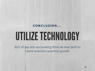 UTILIZE TECHNOLOGY
C O N C L U S I O N . . .
82% of top 100 accounting firms tie new tech to
client retention and firm growth
34
 
