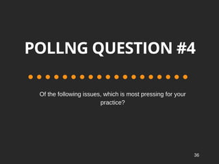 POLLNG QUESTION #4
Ofthefollowingissues,whichismostpressingforyour
practice?
36
 