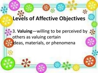 Levels of Affective Objectives
3. Valuing—willing to be perceived by
others as valuing certain
ideas, materials, or phenomena

 