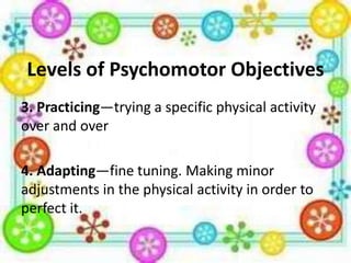 Levels of Psychomotor Objectives
3. Practicing—trying a specific physical activity
over and over
4. Adapting—fine tuning. Making minor
adjustments in the physical activity in order to
perfect it.

 