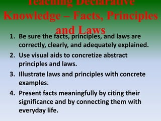 Teaching Declarative
Knowledge – Facts, Principles
and Laws1. Be sure the facts, principles, and laws are
correctly, clearly, and adequately explained.
2. Use visual aids to concretize abstract
principles and laws.
3. Illustrate laws and principles with concrete
examples.
4. Present facts meaningfully by citing their
significance and by connecting them with
everyday life.
 