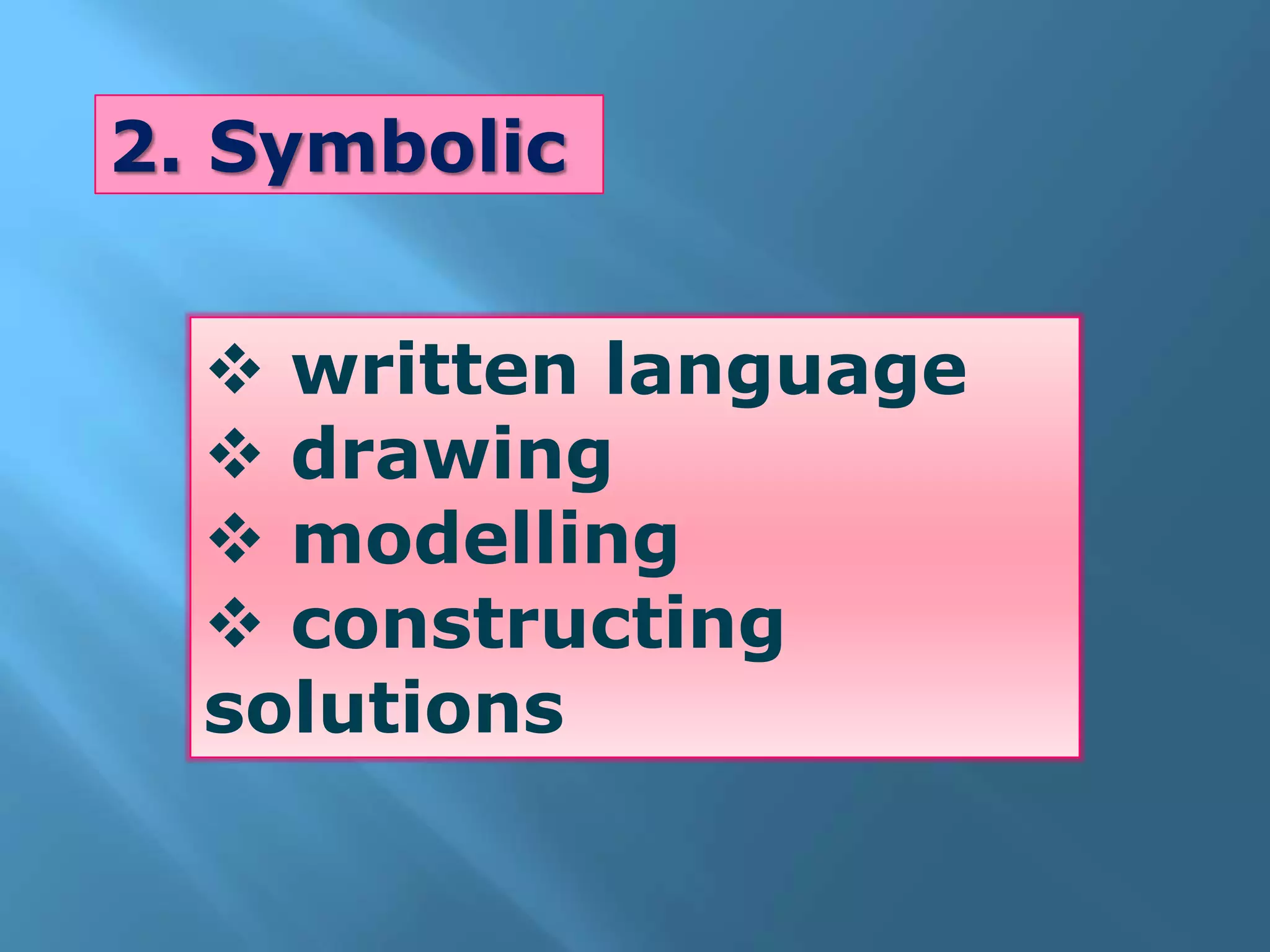 2. Symbolic
written language
drawing
modelling
constructing
solutions