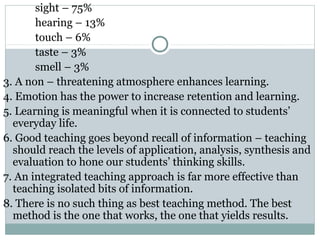 sight – 75%
hearing – 13%
touch – 6%
taste – 3%
smell – 3%
3. A non – threatening atmosphere enhances learning.
4. Emotion has the power to increase retention and learning.
5. Learning is meaningful when it is connected to students’
everyday life.
6. Good teaching goes beyond recall of information – teaching
should reach the levels of application, analysis, synthesis and
evaluation to hone our students’ thinking skills.
7. An integrated teaching approach is far more effective than
teaching isolated bits of information.
8. There is no such thing as best teaching method. The best
method is the one that works, the one that yields results.
 