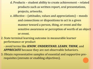 d. Products – student ability to create achievement – related
products such as written report, oral presentations,
projects, artworks.
e. Affective – (attitudes, values and appreciations) – moods
and connections or dispositions to act in a given
manner toward a person, thing, or event and the
sensitive awareness or perception of worth of an object
or event.
2. State terminal learning outcome in measurable learner
performance or product
- avoid terms like KNOW, UNDERSTAND, LEARN, THINK, and
APPRECIATE because they are not observable behaviors.
3. Obtain representative samples of essential and supportive pre-
requisites (enroute or enabling objectives).
 