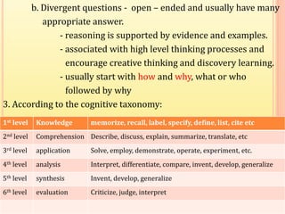 b. Divergent questions - open – ended and usually have many
appropriate answer.
- reasoning is supported by evidence and examples.
- associated with high level thinking processes and
encourage creative thinking and discovery learning.
- usually start with how and why, what or who
followed by why
3. According to the cognitive taxonomy:
1st level Knowledge memorize, recall, label, specify, define, list, cite etc
2nd level Comprehension Describe, discuss, explain, summarize, translate, etc
3rd level application Solve, employ, demonstrate, operate, experiment, etc.
4th level analysis Interpret, differentiate, compare, invent, develop, generalize
5th level synthesis Invent, develop, generalize
6th level evaluation Criticize, judge, interpret
 