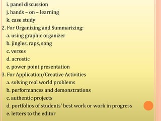 i. panel discussion
j. hands – on – learning
k. case study
2. For Organizing and Summarizing:
a. using graphic organizer
b. jingles, raps, song
c. verses
d. acrostic
e. power point presentation
3. For Application/Creative Activities
a. solving real world problems
b. performances and demonstrations
c. authentic projects
d. portfolios of students’ best work or work in progress
e. letters to the editor
 