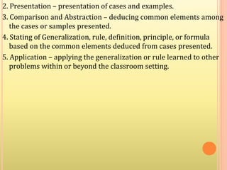 2. Presentation – presentation of cases and examples.
3. Comparison and Abstraction – deducing common elements among
the cases or samples presented.
4. Stating of Generalization, rule, definition, principle, or formula
based on the common elements deduced from cases presented.
5. Application – applying the generalization or rule learned to other
problems within or beyond the classroom setting.
 