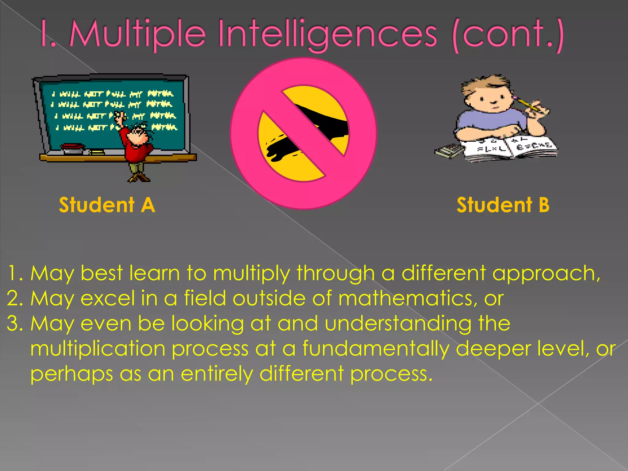 Student A                               Student B


1. May best learn to multiply through a different approach,
2. May excel in a field outside of mathematics, or
3. May even be looking at and understanding the
   multiplication process at a fundamentally deeper level, or
   perhaps as an entirely different process.
 