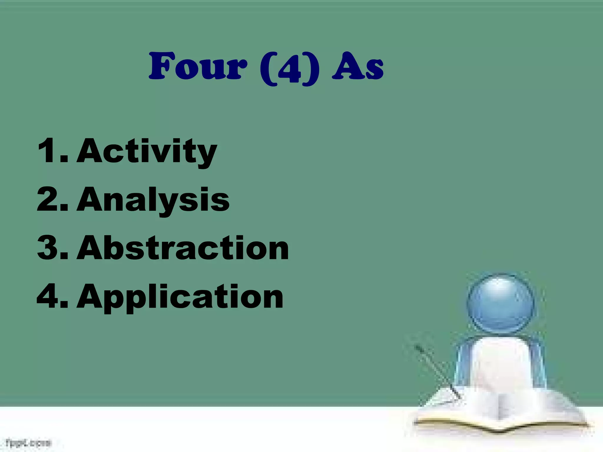 Four (4) As
1. Activity
2. Analysis
3. Abstraction
4. Application
 