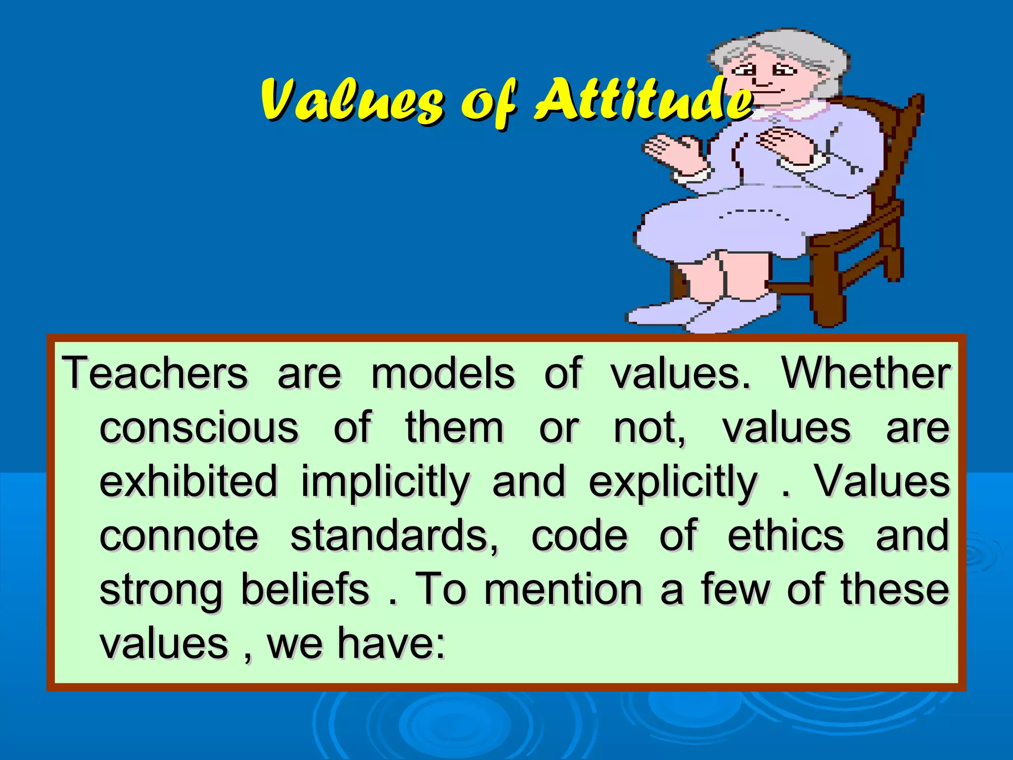 Values of AttitudeValues of Attitude
Teachers are models of values. WhetherTeachers are models of values. Whether
conscious of them or not, values areconscious of them or not, values are
exhibited implicitly and explicitly . Valuesexhibited implicitly and explicitly . Values
connote standards, code of ethics andconnote standards, code of ethics and
strong beliefs . To mention a few of thesestrong beliefs . To mention a few of these
values , we have:values , we have:
 