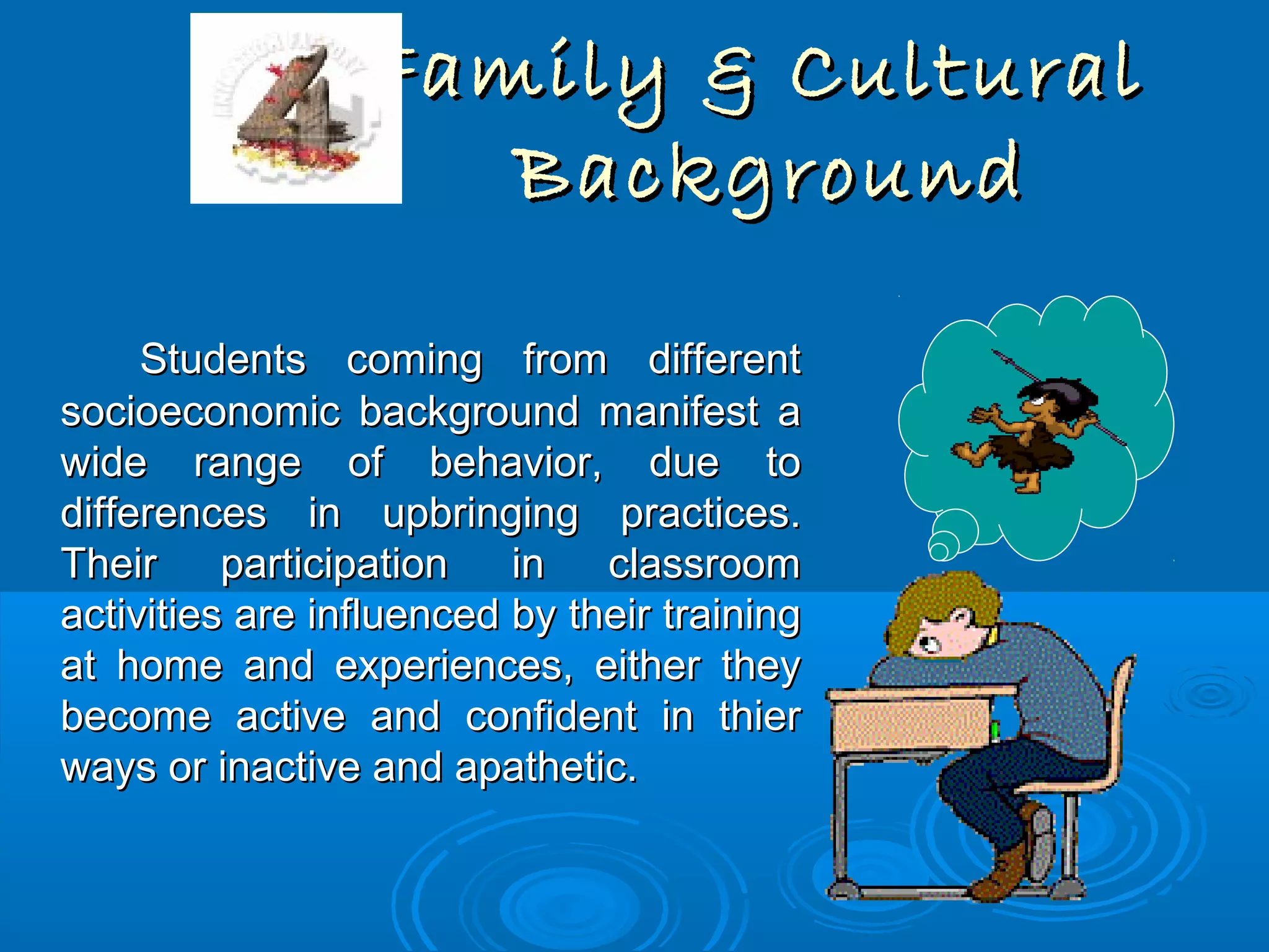 Family & CulturalFamily & Cultural
BackgroundBackground
Students coming from differentStudents coming from different
socioeconomic background manifest asocioeconomic background manifest a
wide range of behavior, due towide range of behavior, due to
differences in upbringing practices.differences in upbringing practices.
Their participation in classroomTheir participation in classroom
activities are influenced by their trainingactivities are influenced by their training
at home and experiences, either theyat home and experiences, either they
become active and confident in thierbecome active and confident in thier
ways or inactive and apathetic.ways or inactive and apathetic.
 