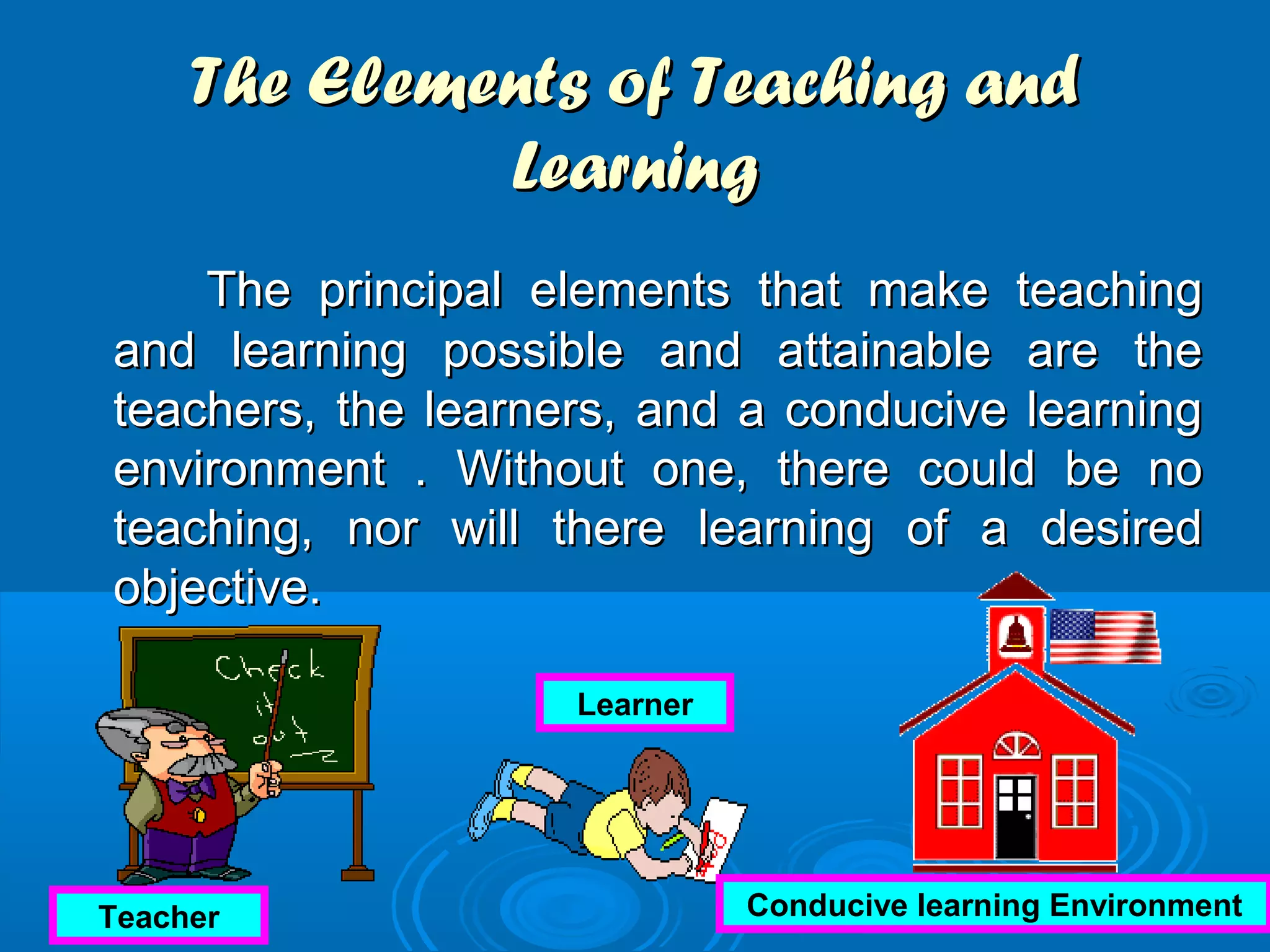 The Elements of Teaching andThe Elements of Teaching and
LearningLearning
The principal elements that make teachingThe principal elements that make teaching
and learning possible and attainable are theand learning possible and attainable are the
teachers, the learners, and a conducive learningteachers, the learners, and a conducive learning
environment . Without one, there could be noenvironment . Without one, there could be no
teaching, nor will there learning of a desiredteaching, nor will there learning of a desired
objective.objective.
Teacher
Learner
Conducive learning Environment
 