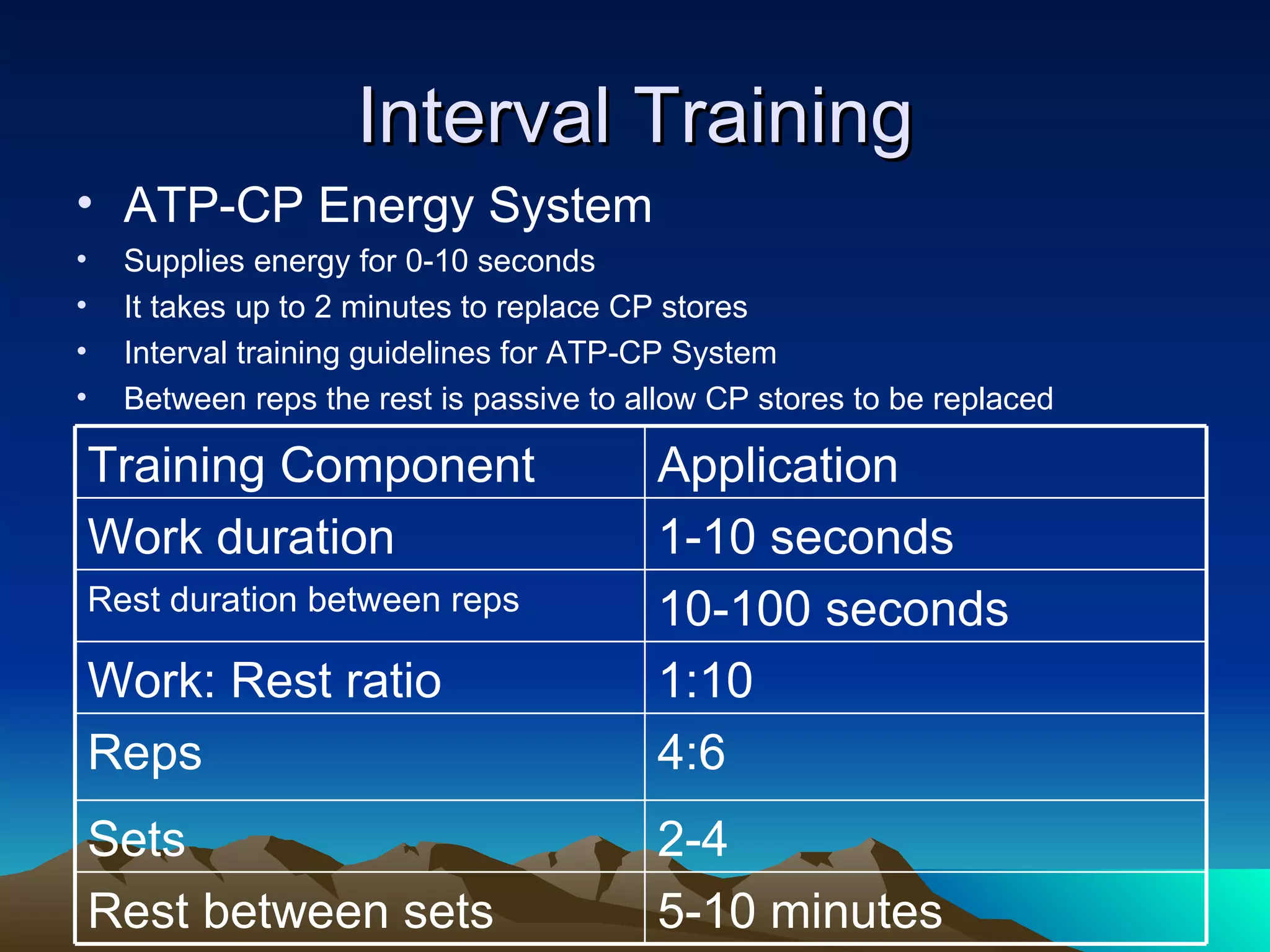 Interval Training ATP-CP Energy System Supplies energy for 0-10 seconds It takes up to 2 minutes to replace CP stores Interval training guidelines for ATP-CP System Between reps the rest is passive to allow CP stores to be replaced 5-10 minutes Rest between sets 2-4 Sets 4:6 Reps 1:10 Work: Rest ratio 10-100 seconds Rest duration between reps 1-10 seconds Work duration Application Training Component 