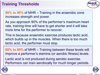© Boardworks Ltd 200620 of 30
Training Thresholds
80% to 90% of MHR – Training in the anaerobic zone
increases strength and power.
As you approach 90% of the performer’s maximum heart
rate, training time will have to get shorter and it will take
more time for the performer to recover.
This is because anaerobic exercise produces lactic acid,
which builds up in the muscles. When there is too much
lactic acid, the performer must stop.
60% to 80% of MHR – Training between these levels will
improve a performer’s stamina (or aerobic fitness) levels.
Lactic acid is not produced during aerobic exercise.
Performers can train aerobically for much longer periods.
 