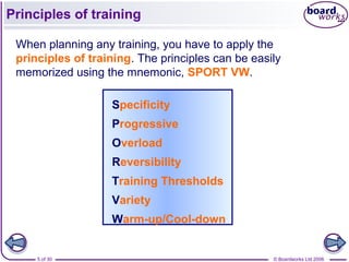 © Boardworks Ltd 20065 of 30
Principles of training
When planning any training, you have to apply the
principles of training. The principles can be easily
memorized using the mnemonic, SPORT VW.
Specificity
Progressive
Overload
Reversibility
Training Thresholds
Variety
Warm-up/Cool-down
 