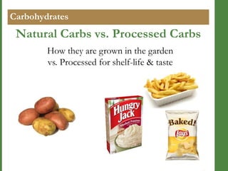 Carbohydrates

Natural Carbs vs. Processed Carbs
How they are grown in the garden
vs. Processed for shelf-life & taste

 