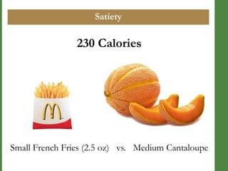 Satiety

230 Calories

Small French Fries (2.5 oz) vs. Medium Cantaloupe

 