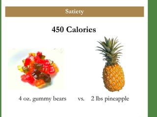Satiety

450 Calories

4 oz. gummy bears

vs.

2 lbs pineapple

 