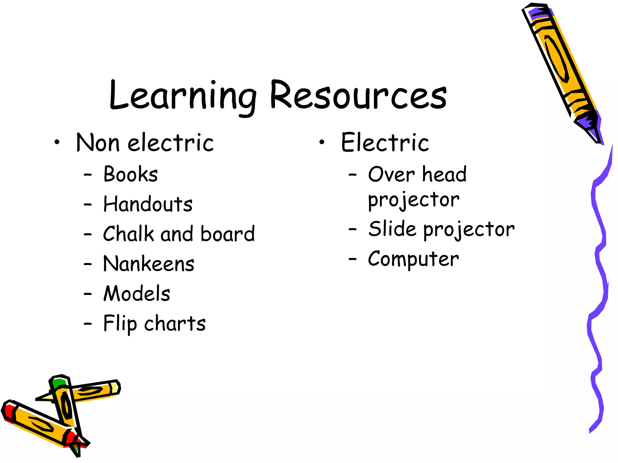 Learning Resources
• Non electric
– Books
– Handouts
– Chalk and board
– Nankeens
– Models
– Flip charts
• Electric
– Over head
projector
– Slide projector
– Computer
 